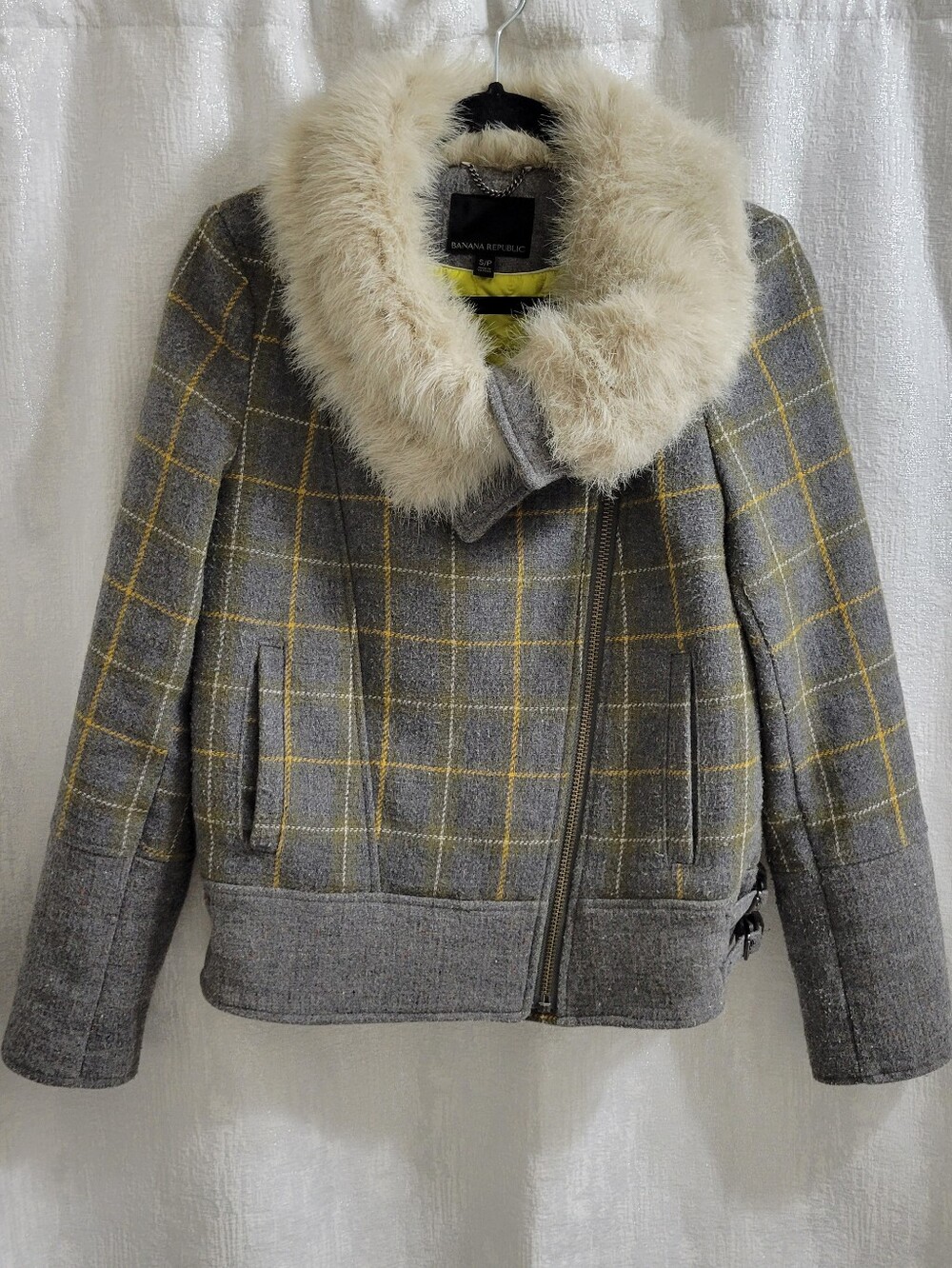 Banana Republic Plaid Moto Faux- Fur Collar Jacket